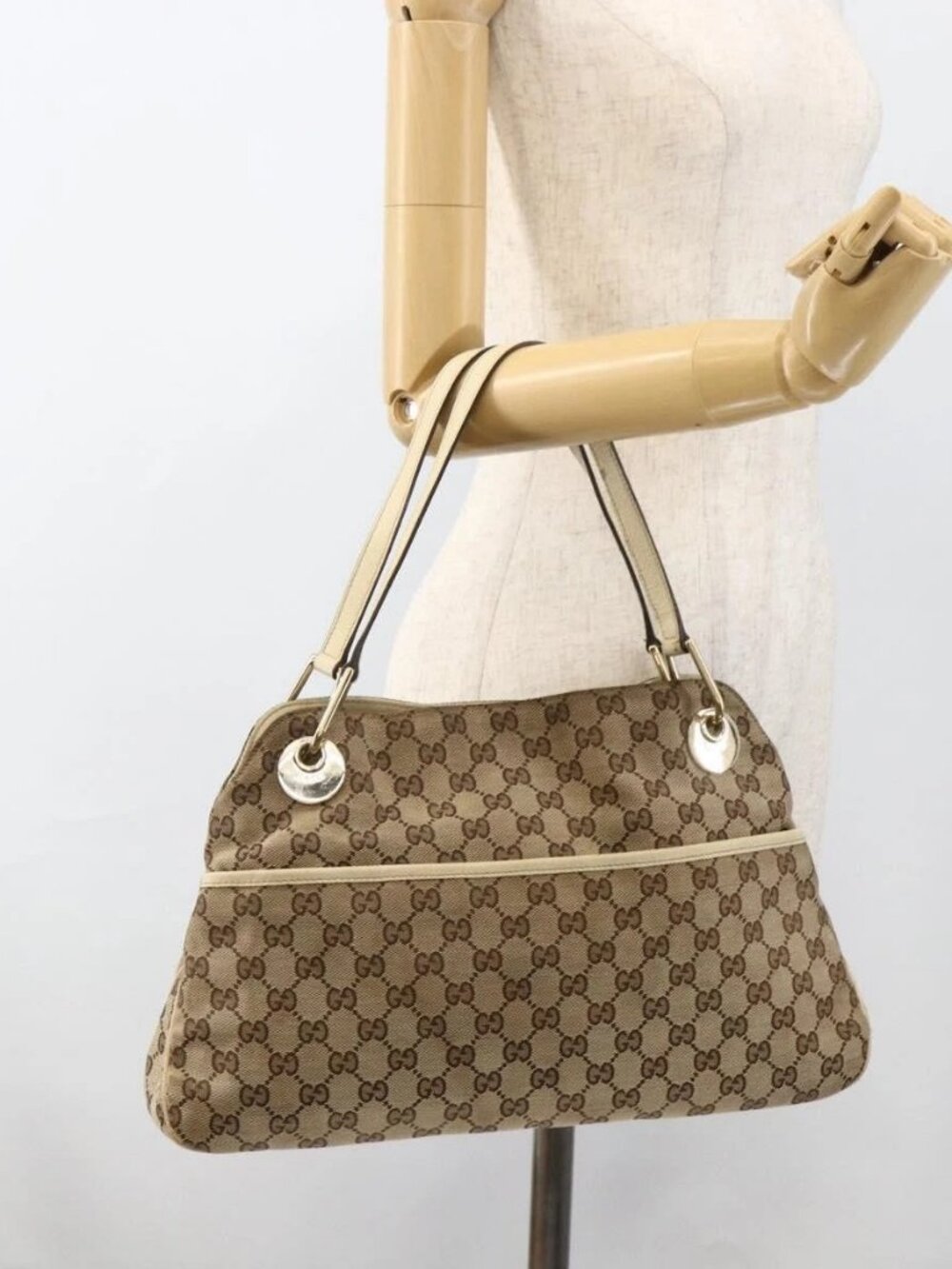GUCCI GG Canvas Hand Bag Beige Gold 121023 Auth 174123
